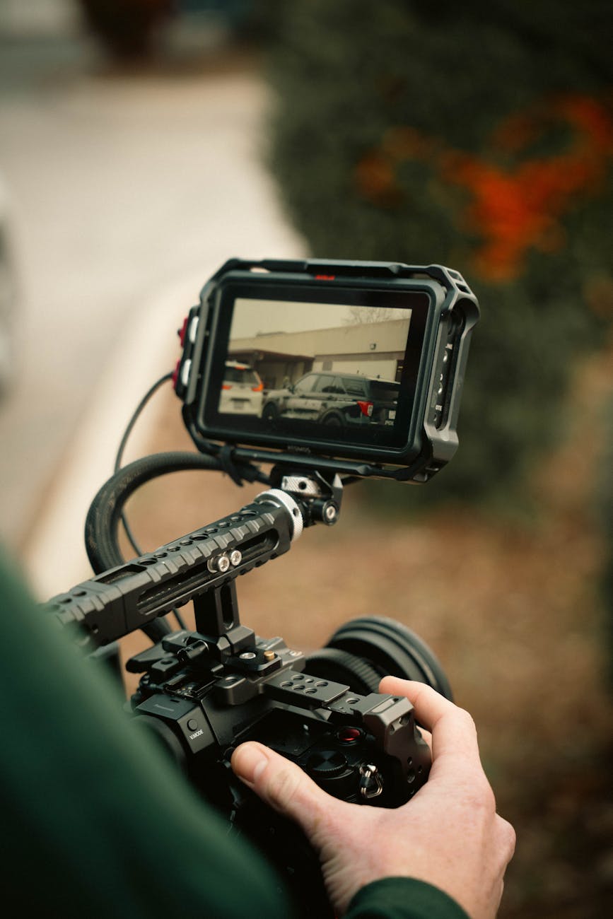 Cinema camera on shoulder rig with monitor