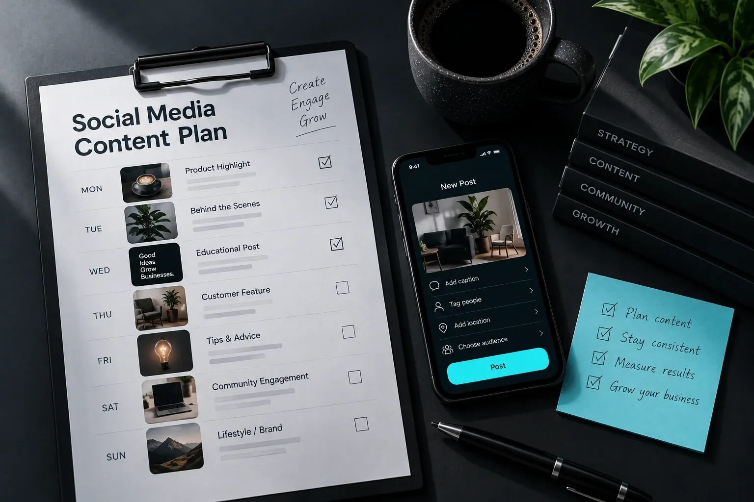 Weekly social media content calendar showing planned posts