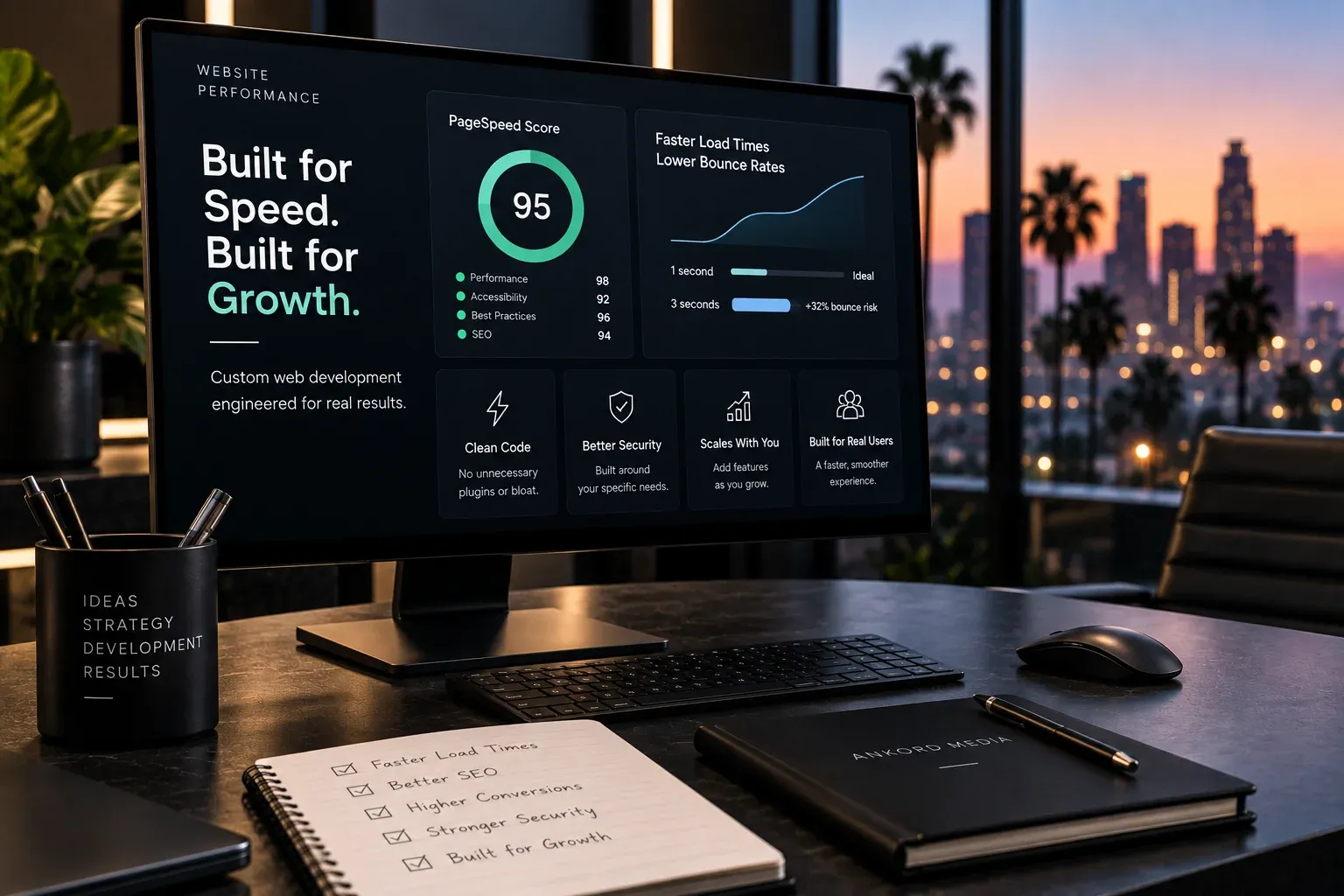 Website performance dashboard highlighting speed, security and scalable web development