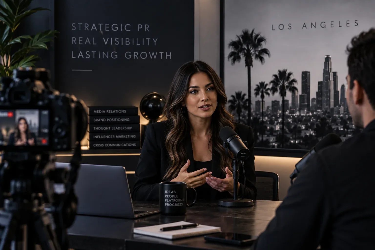 Founder being interviewed on a podcast as part of a Los Angeles public relations strategy