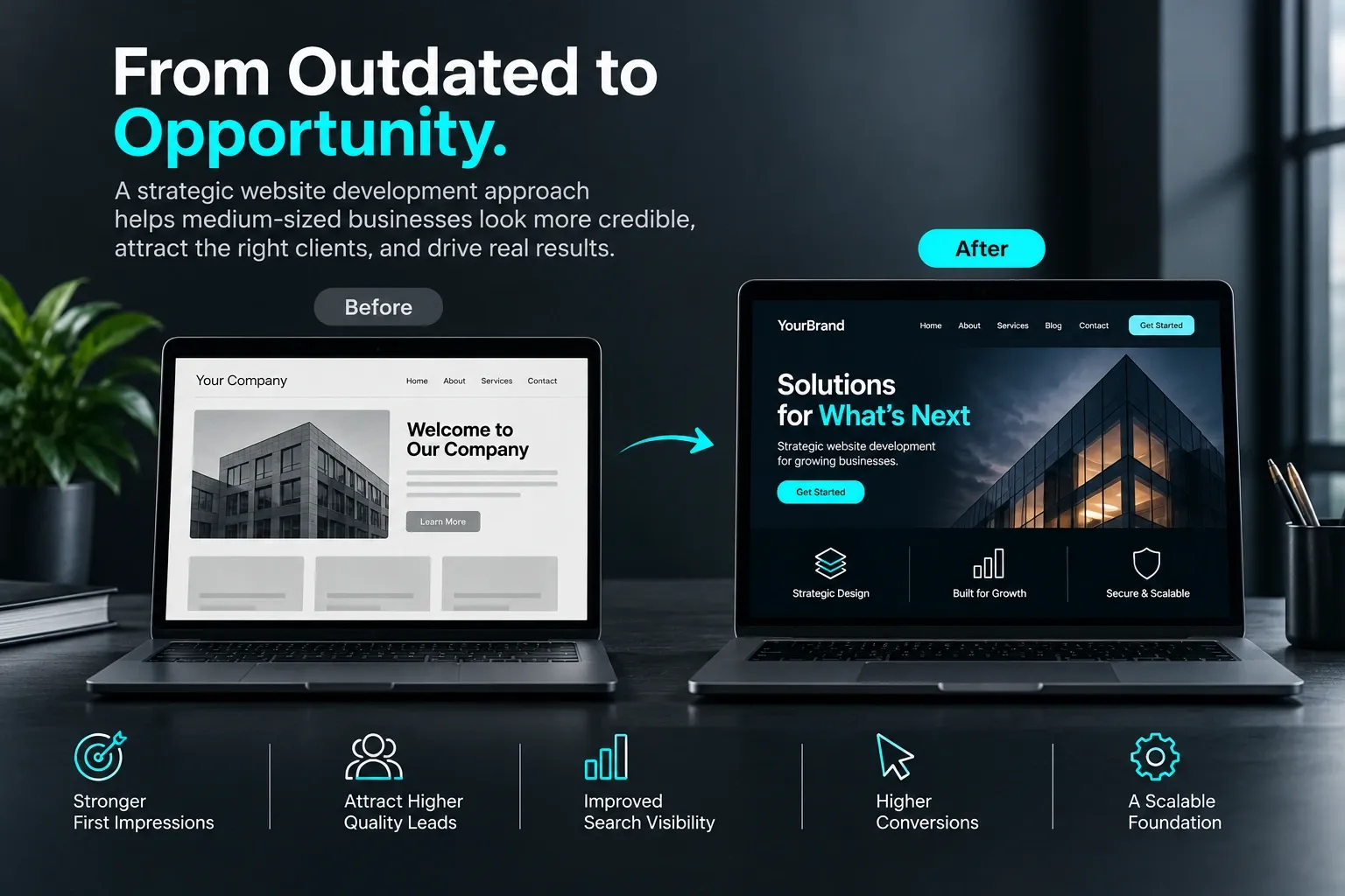 Before-and-after website redesign comparison showing improved design