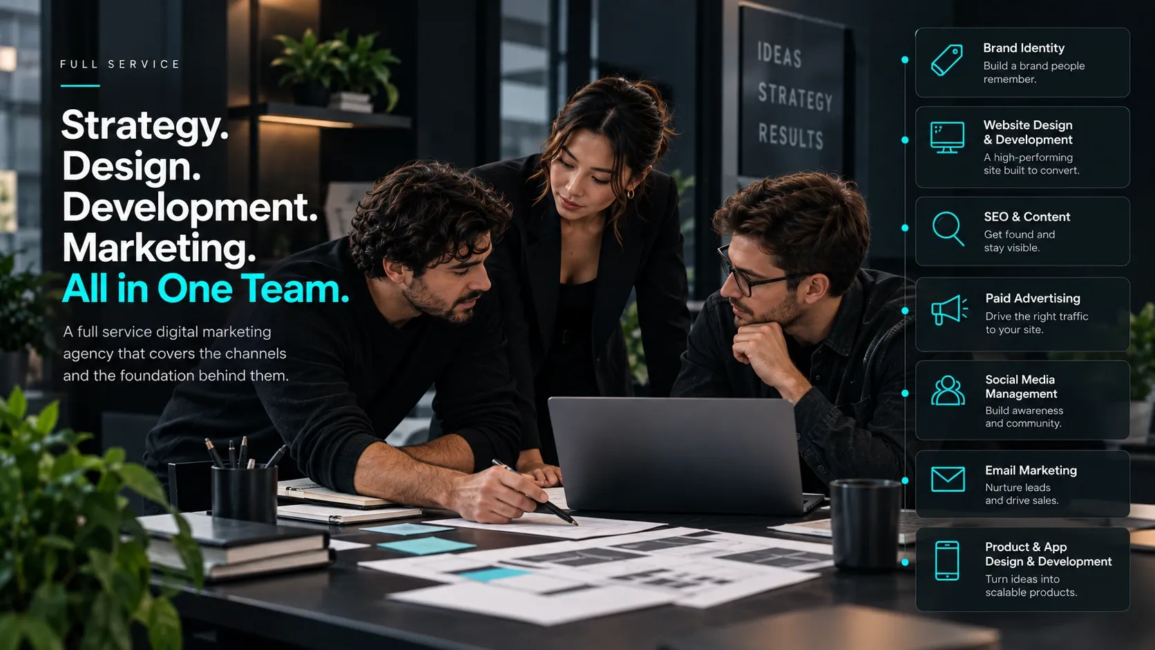 Digital marketing team planning a full service marketing strategy