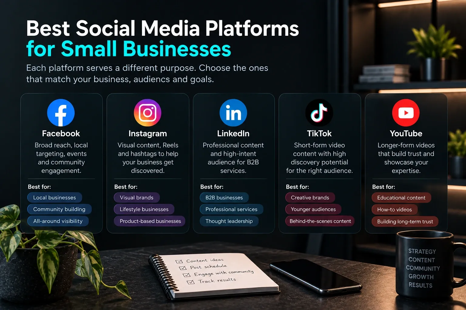 Infographic comparing Facebook, Instagram, LinkedIn, TikTok and YouTube for small business social media marketing