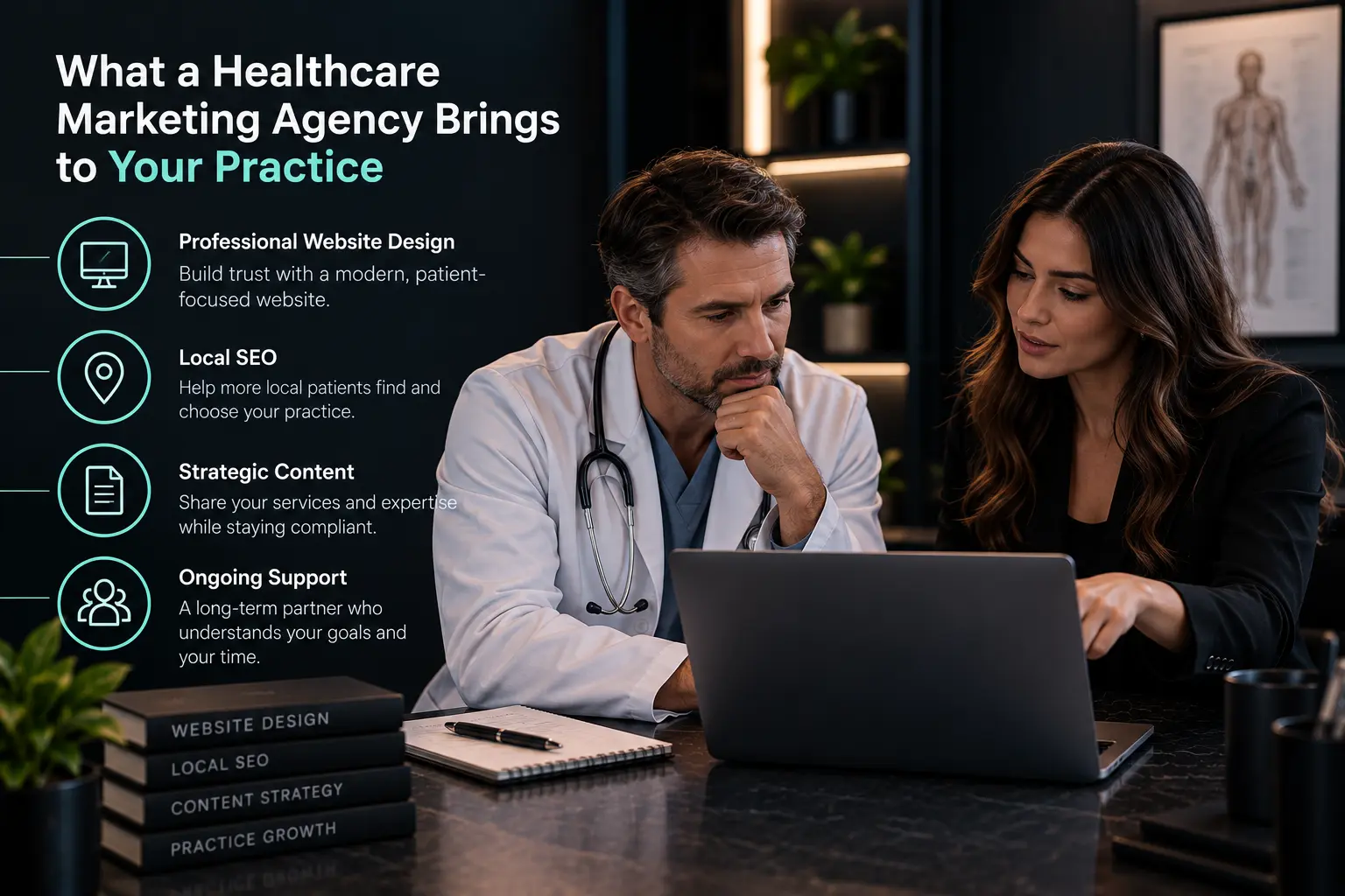 consultant discussing website design local seo content and support with doctor