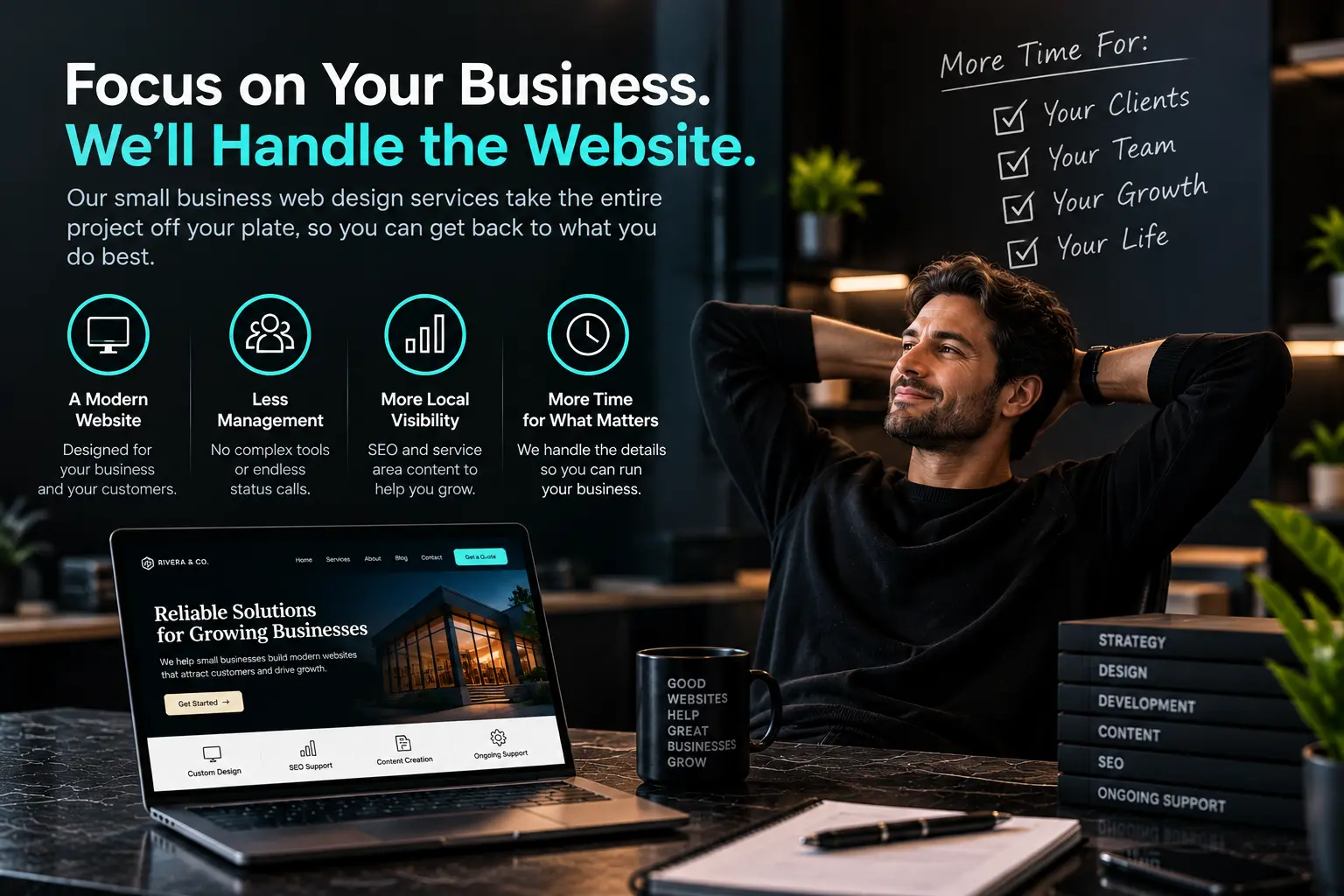 small business owner relaxing while professional web design services handle website development