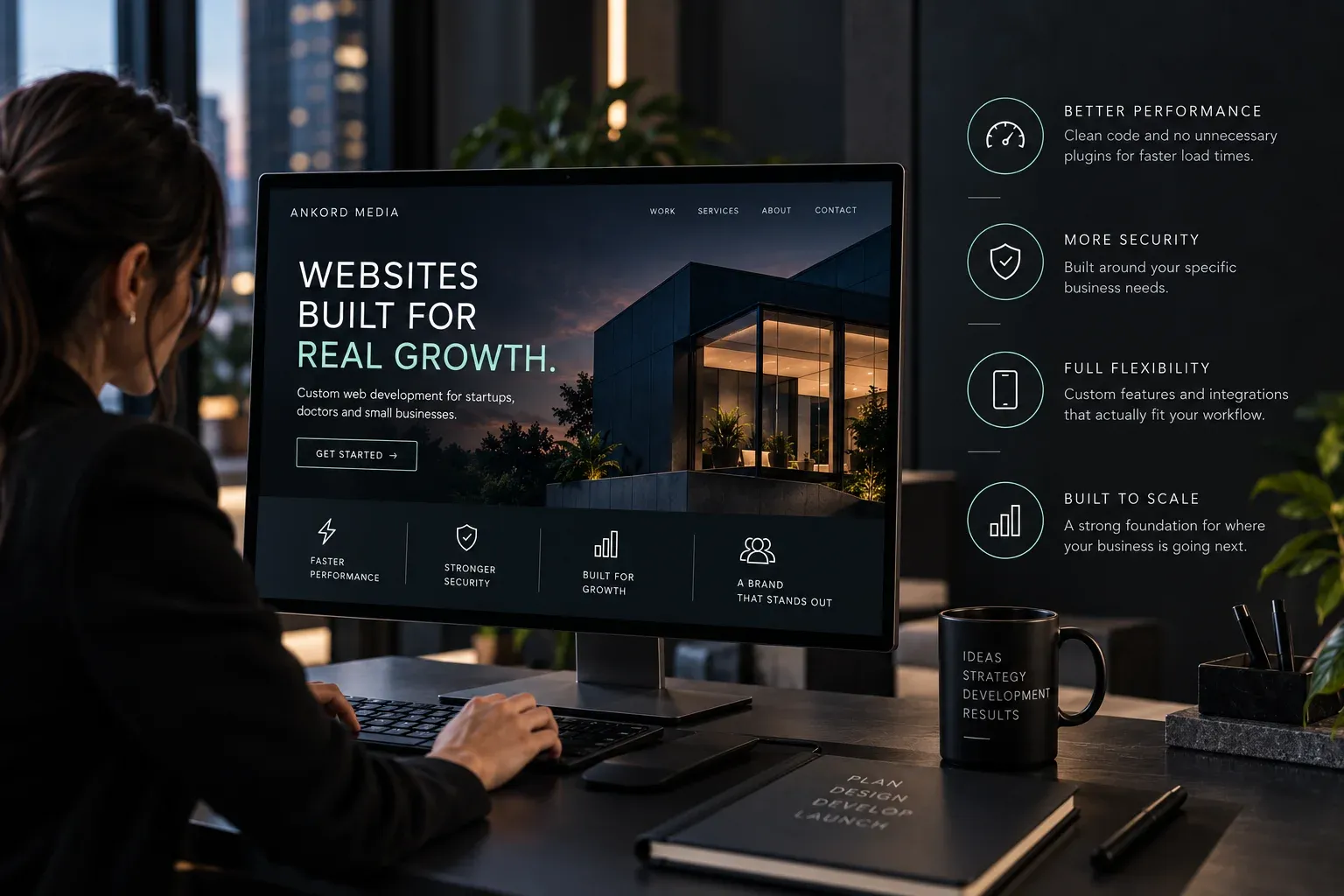 Employee working on custom web development plan for website