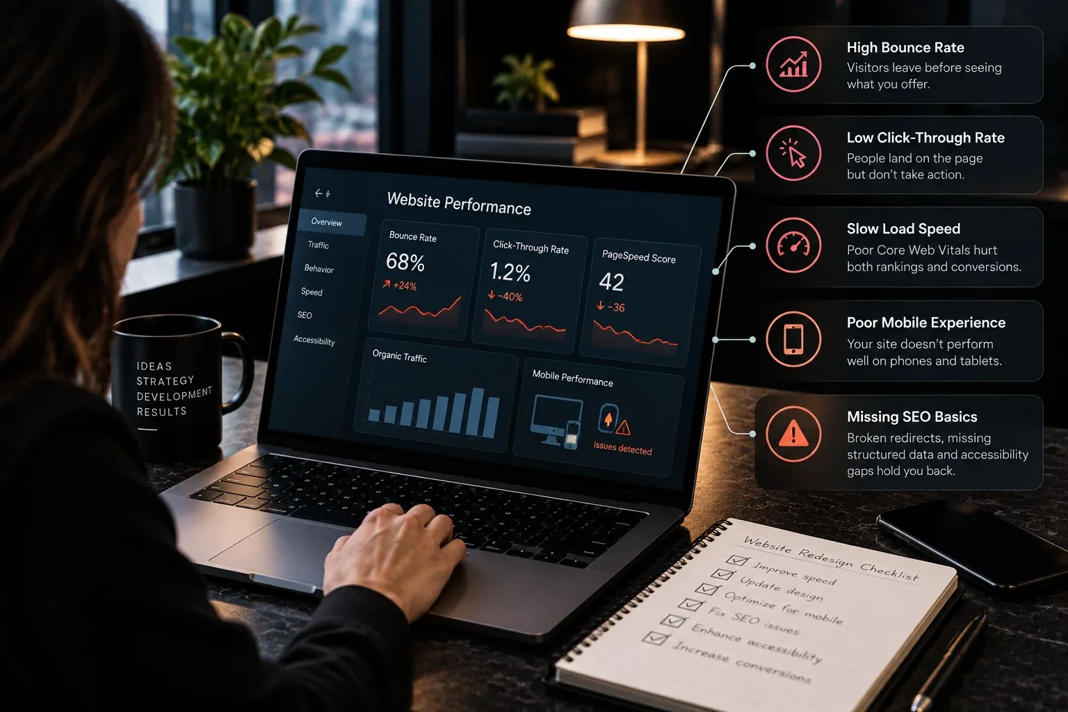 performance audit showing speed mobile seo and conversion issues