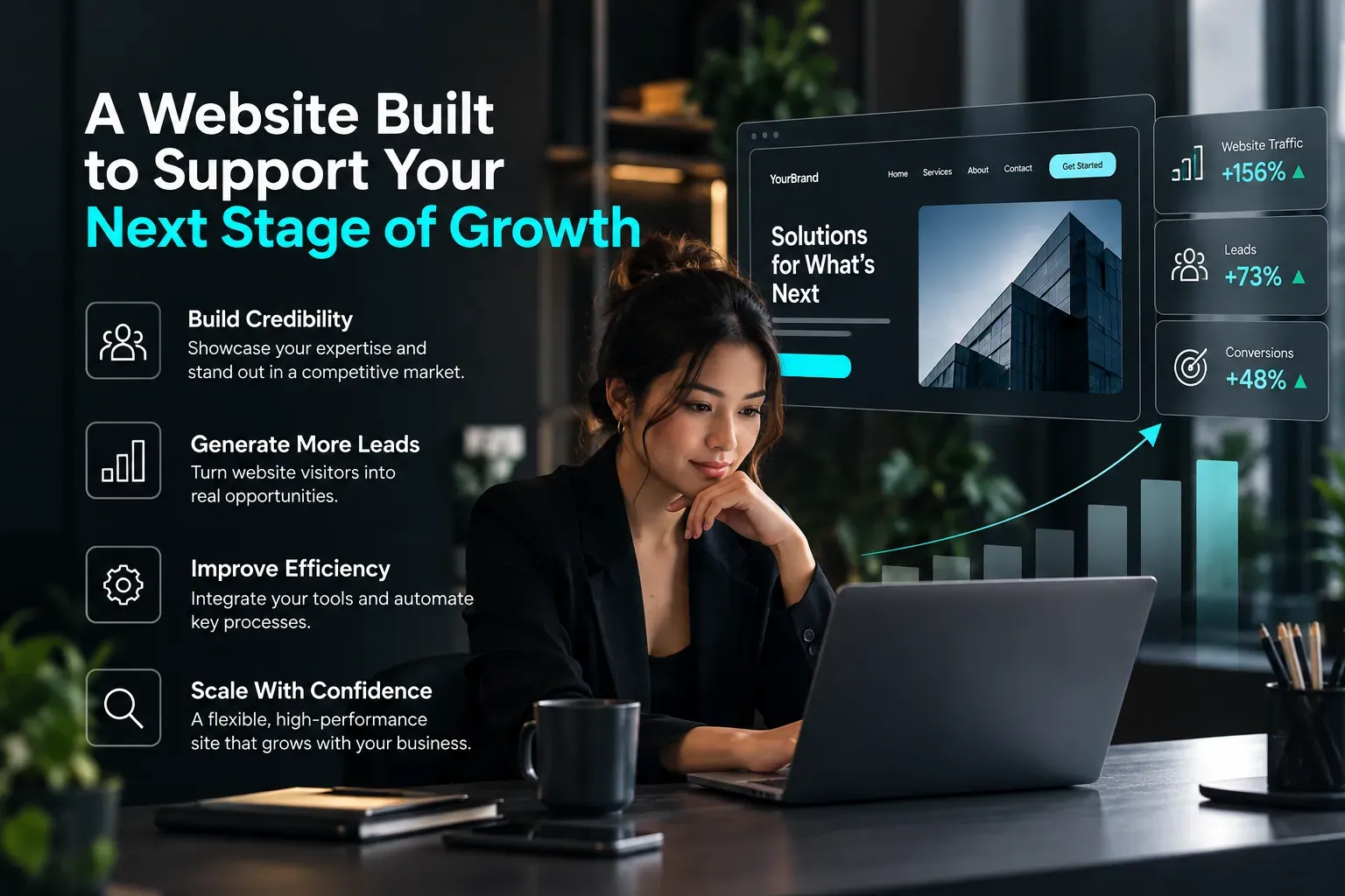 Business professional reviewing website development strategies for improving credibility
