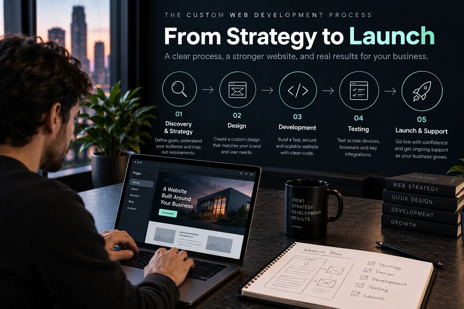 Custom web development process from discovery and design through development, testing and launch