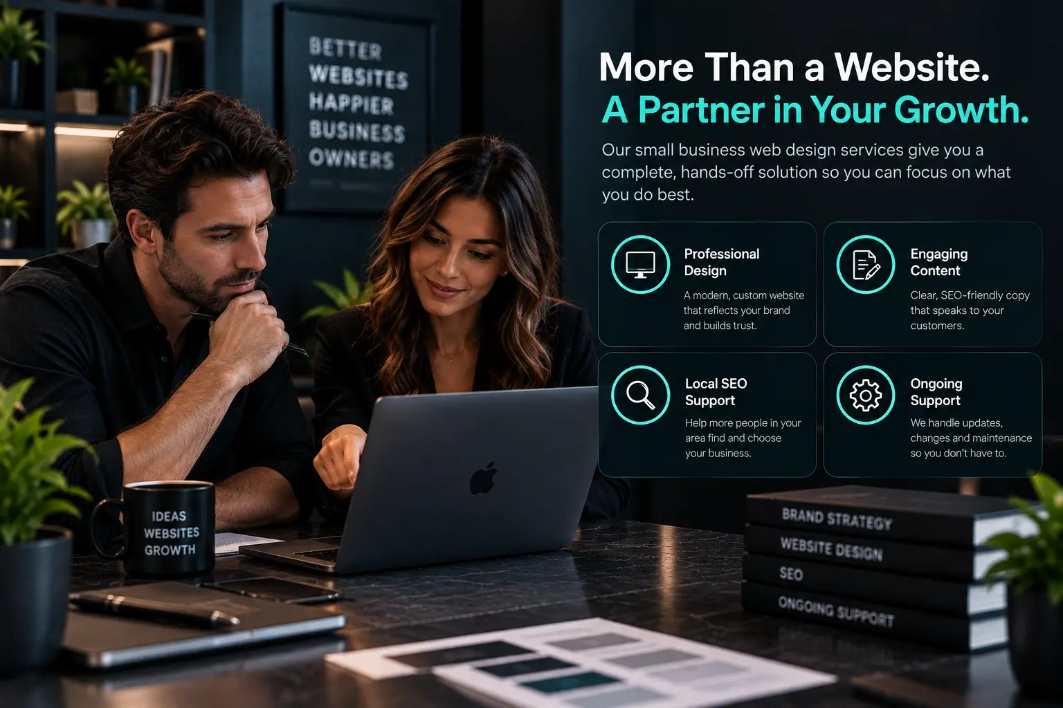 small business owner and web designer discussing custom website design