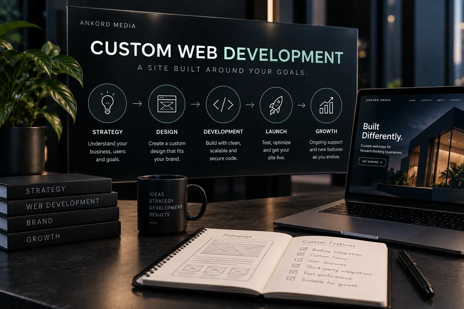 Custom website development workspace showing design, development and launch process