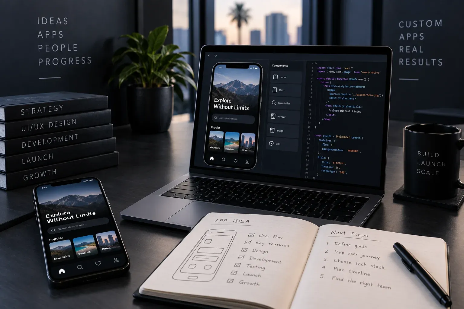 Custom mobile app development workspace showing UI design, coding and app planning
