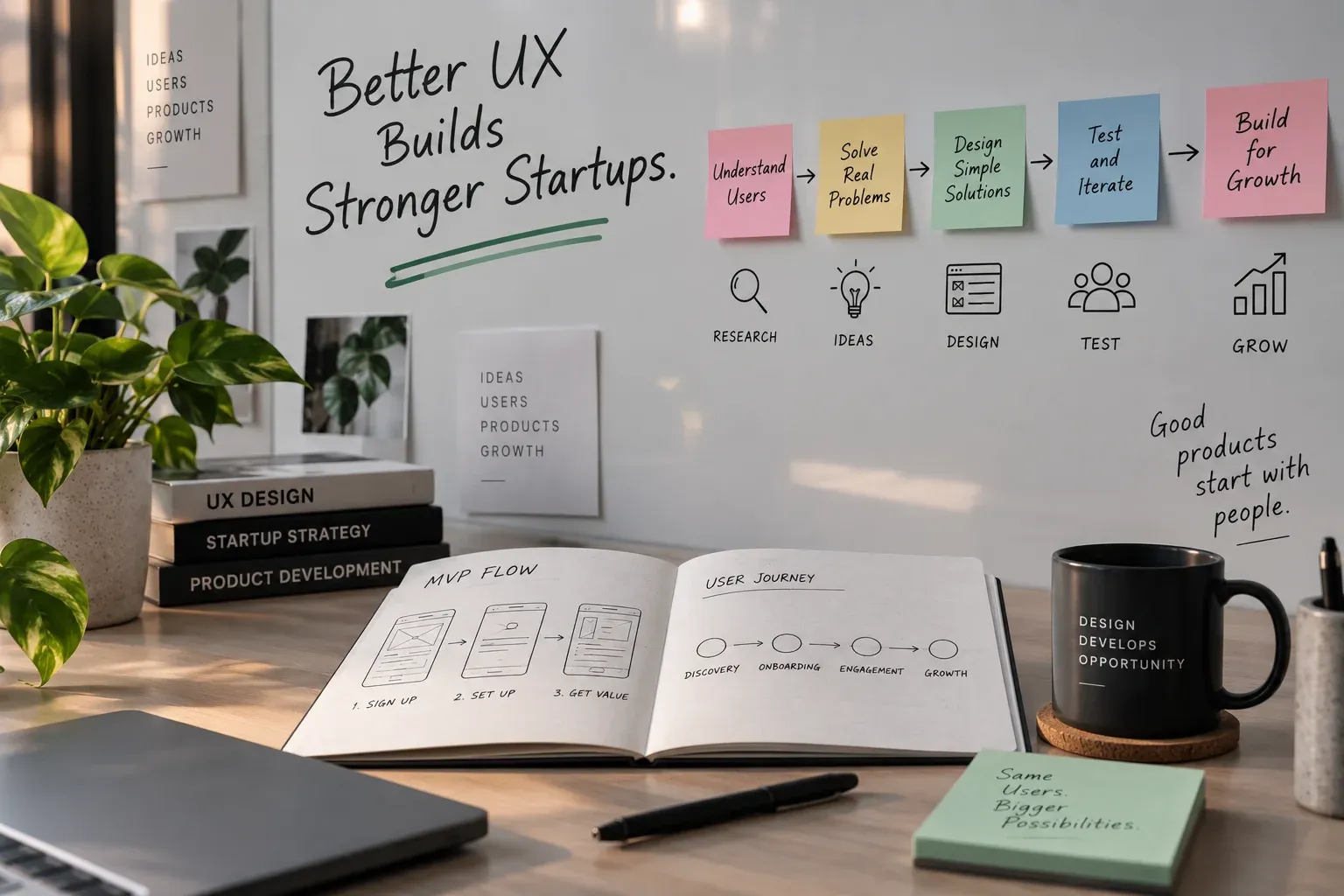 Startup UX design process from user discovery and prototyping to development and growth