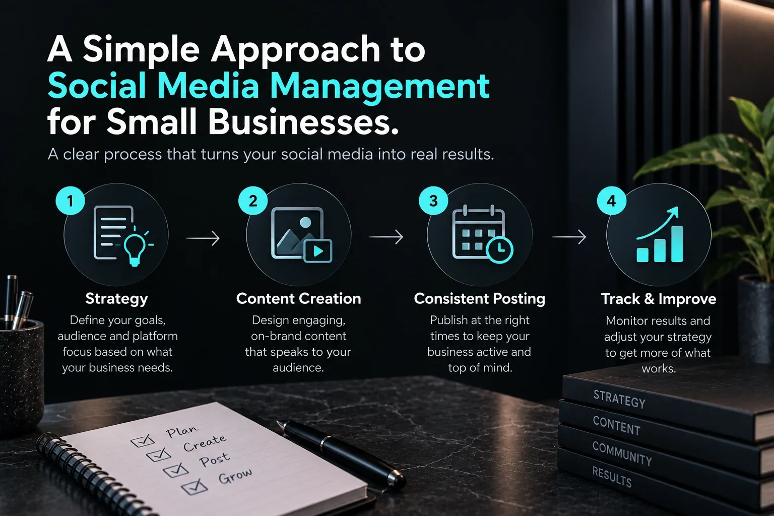 Infographic showing four steps of social media management for small businesses