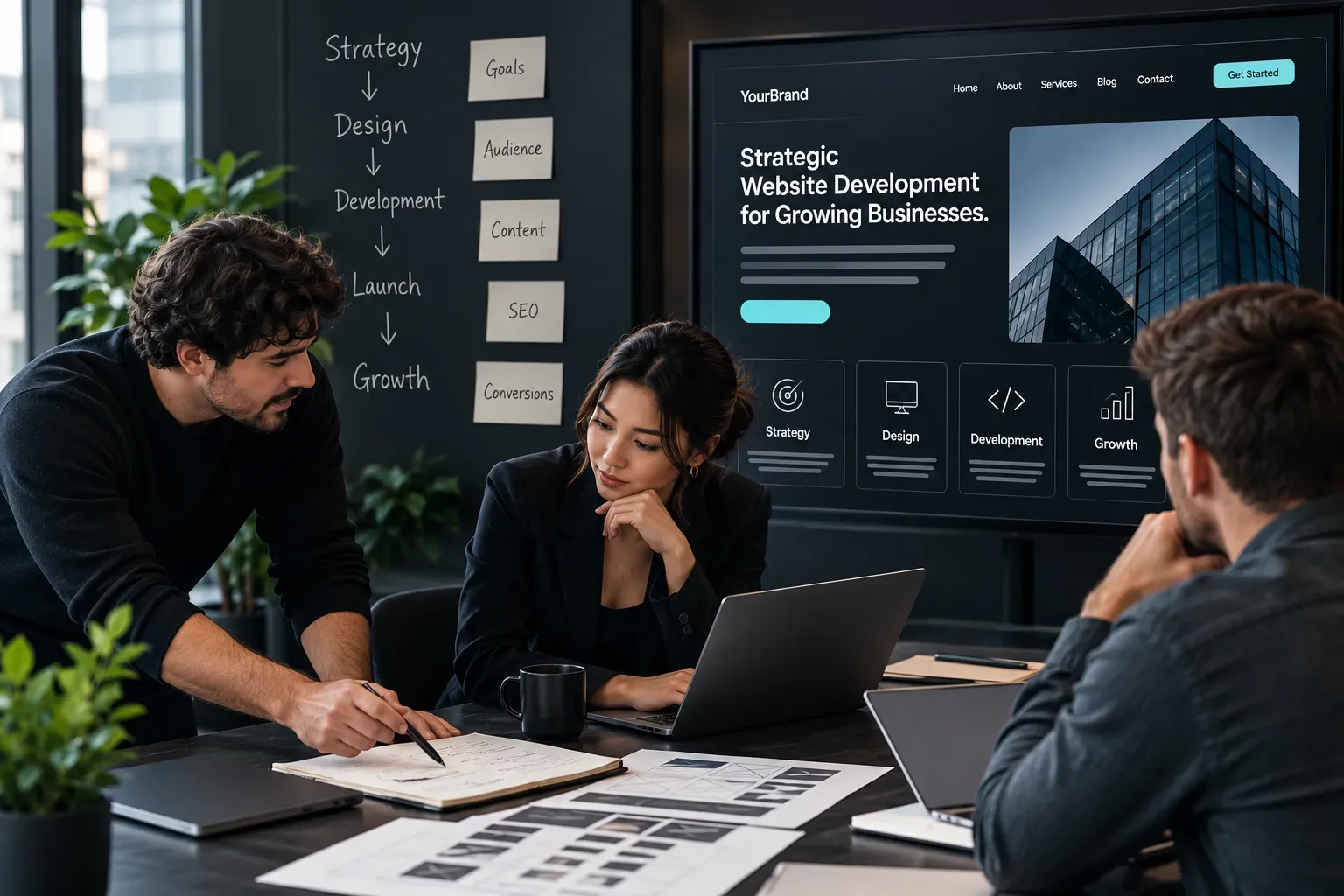 team reviewing UX wireframes, SEO strategy and site architecture for a growing medium-sized business
