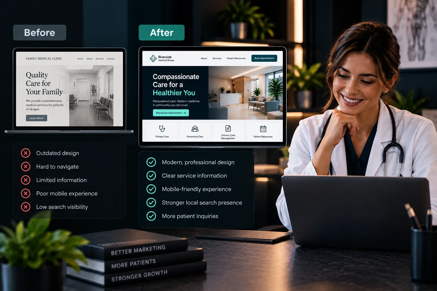 website redesign before and after showing modern design