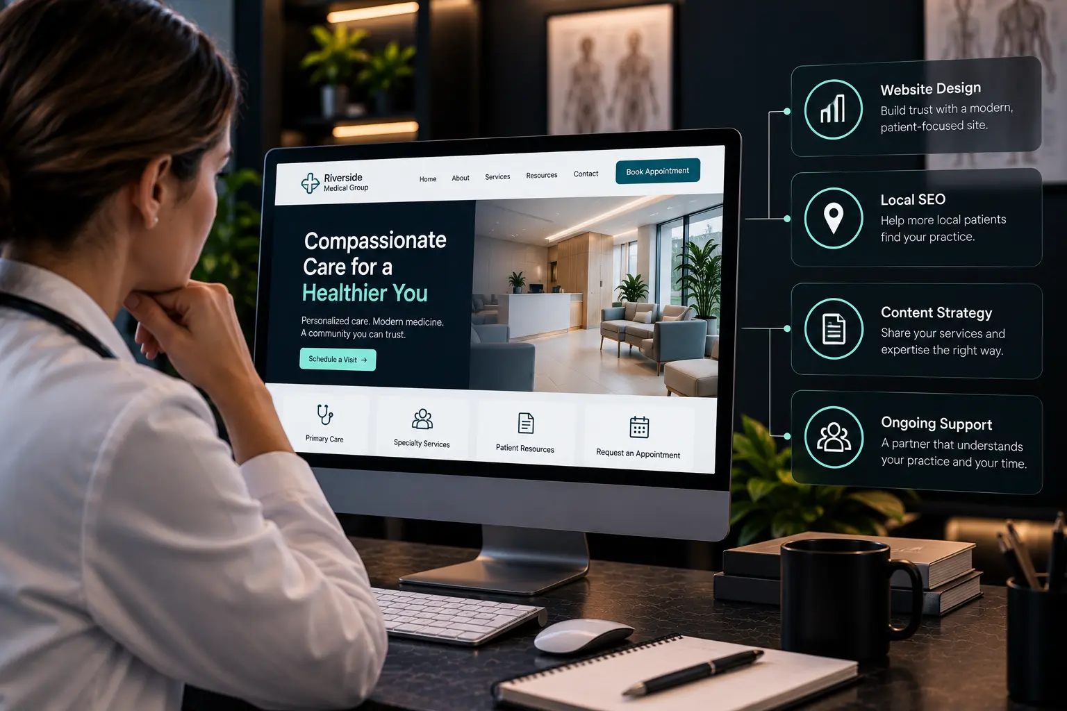 doctor reviewing healthcare website dashboard