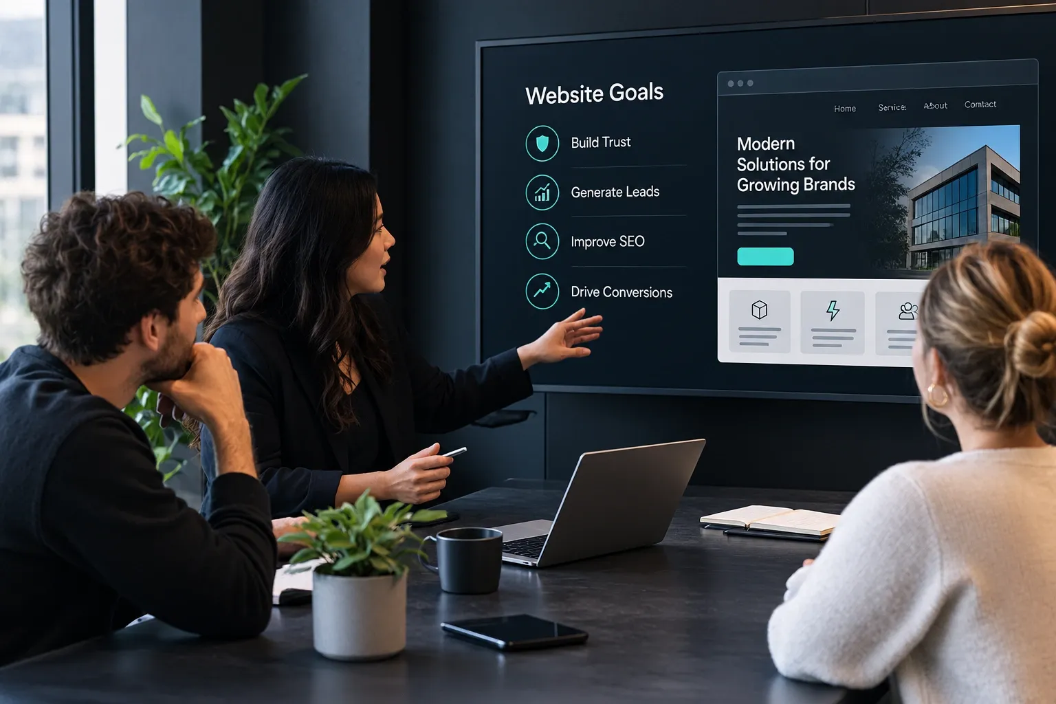 Business professionals discussing website development goals