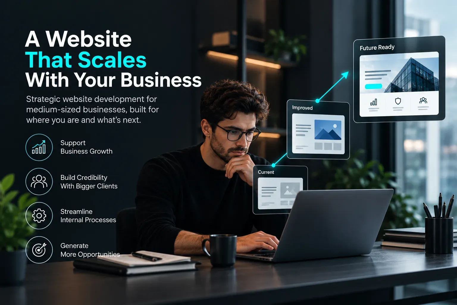 Business professional reviewing a scalable website development strategy to support company growth, credibility and lead generation